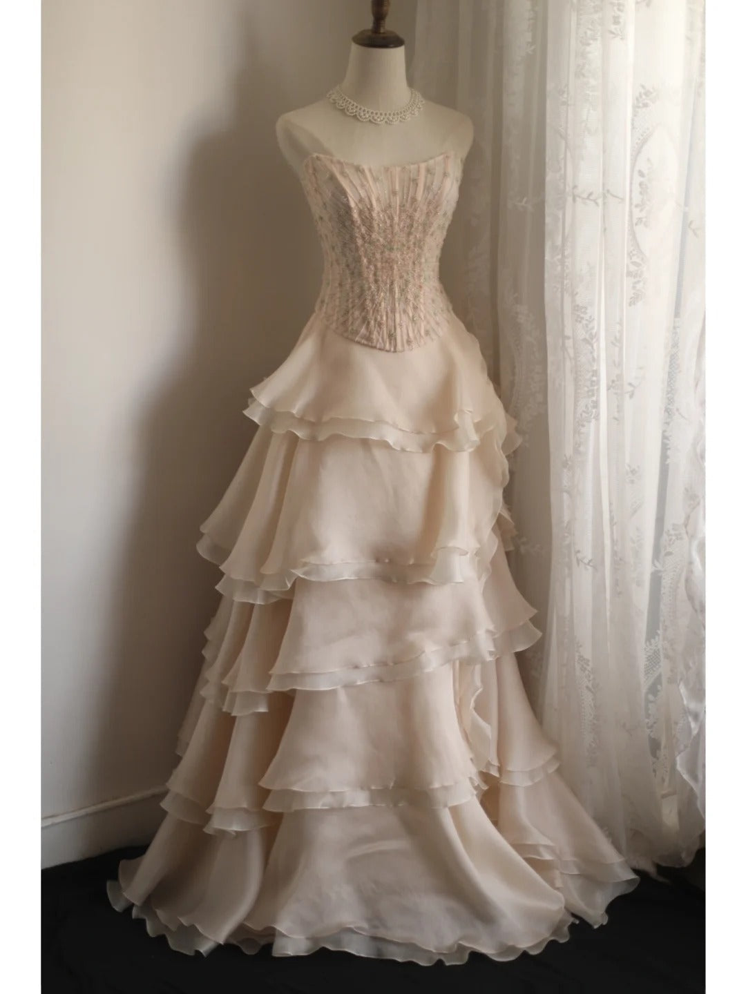 Sweet Pink A-Line Strapless Beaded Layered Chiffon Long Formal Prom Dresses