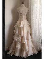 Sweet Pink A-Line Strapless Beaded Layered Chiffon Long Formal Prom Dresses
