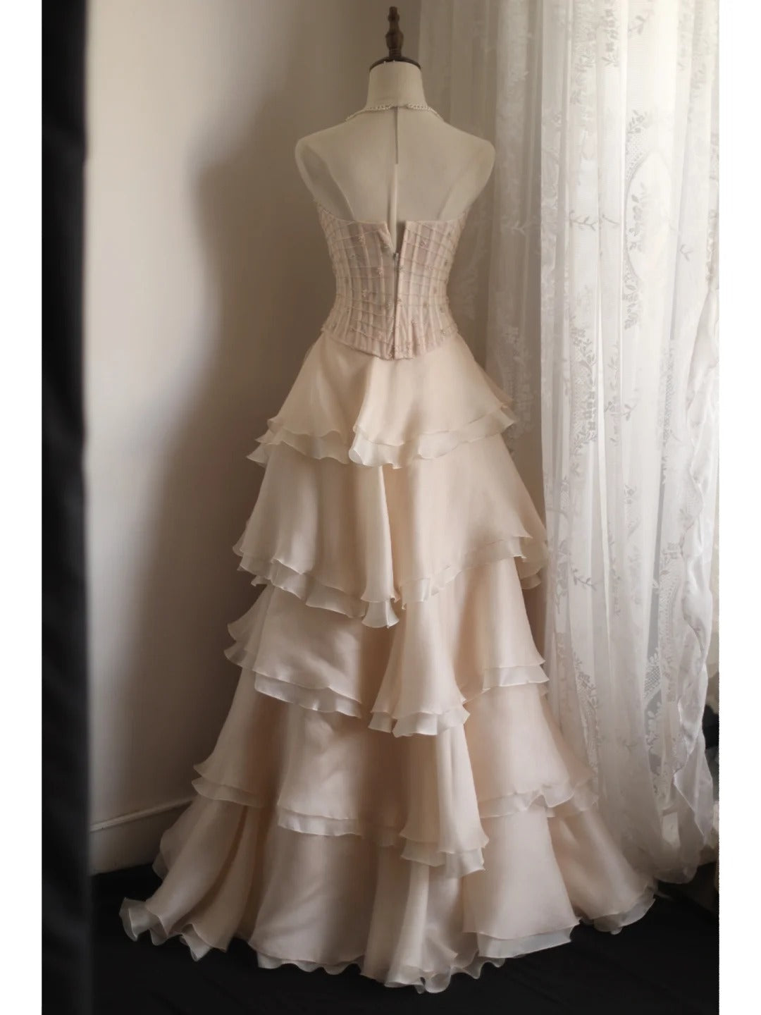 Sweet Pink A-Line Strapless Beaded Layered Chiffon Long Formal Prom Dresses