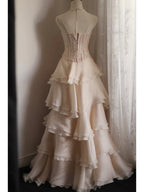Sweet Pink A-Line Strapless Beaded Layered Chiffon Long Formal Prom Dresses