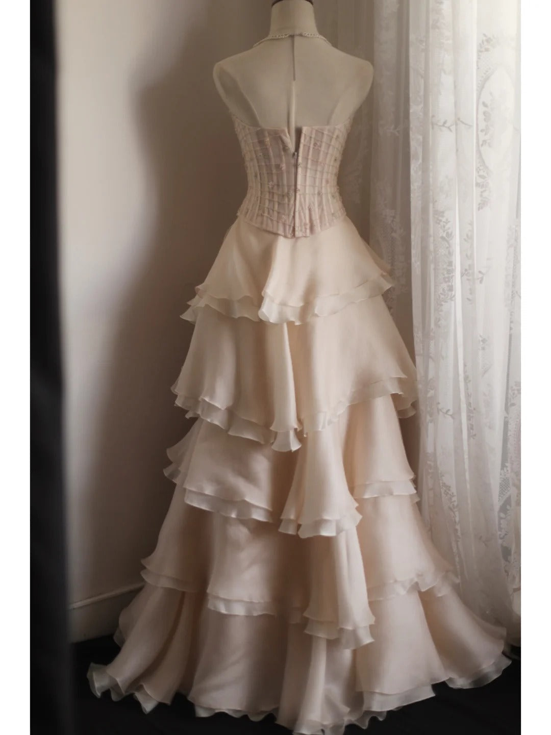 Sweet Pink A-Line Strapless Beaded Layered Chiffon Long Formal Prom Dresses