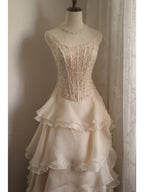 Sweet Pink A-Line Strapless Beaded Layered Chiffon Long Formal Prom Dresses