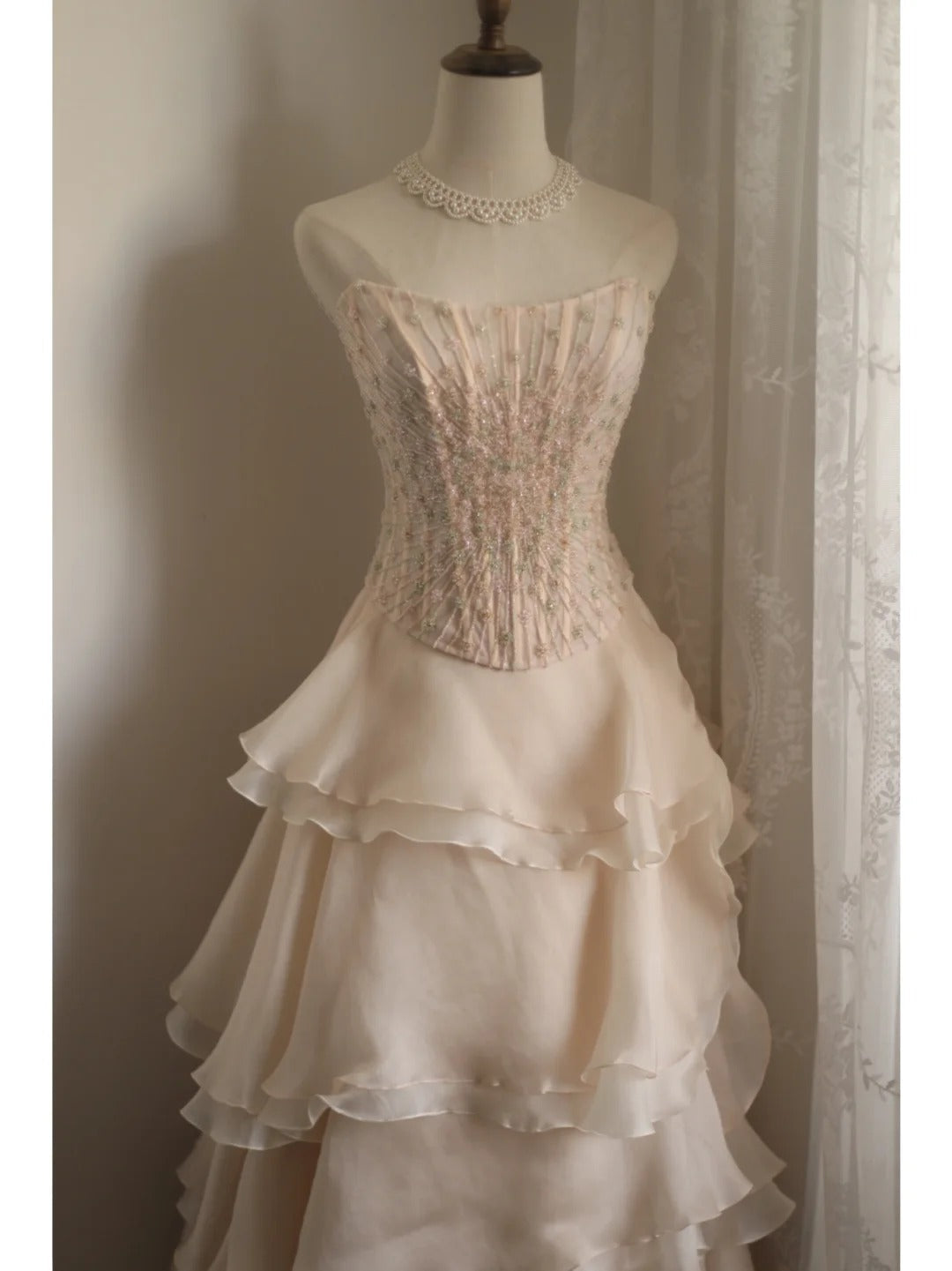 Sweet Pink A-Line Strapless Beaded Layered Chiffon Long Formal Prom Dresses