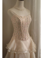 Sweet Pink A-Line Strapless Beaded Layered Chiffon Long Formal Prom Dresses