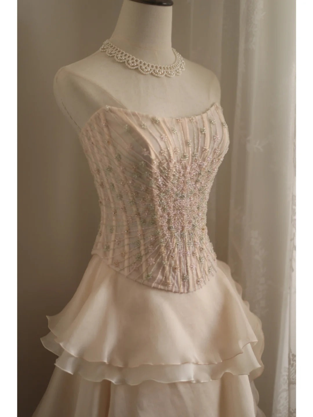 Sweet Pink A-Line Strapless Beaded Layered Chiffon Long Formal Prom Dresses