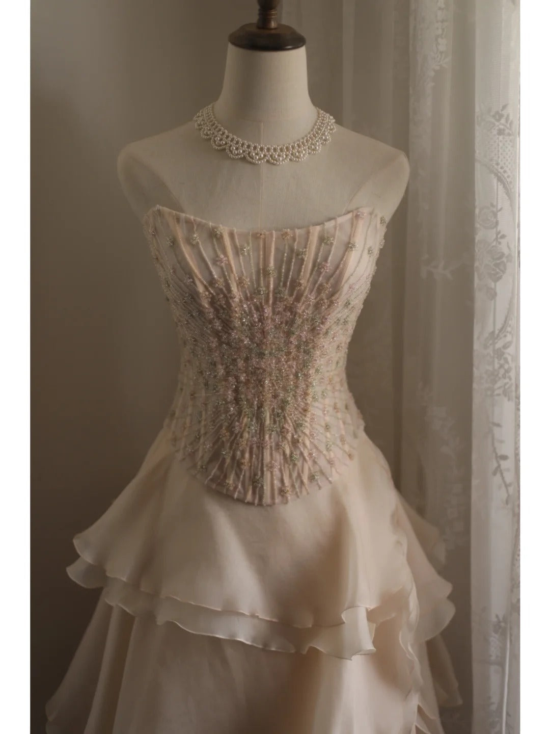 Sweet Pink A-Line Strapless Beaded Layered Chiffon Long Formal Prom Dresses