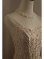 Sweet Pink A-Line Strapless Beaded Layered Chiffon Long Formal Prom Dresses