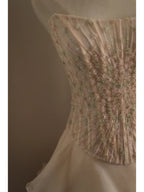 Sweet Pink A-Line Strapless Beaded Layered Chiffon Long Formal Prom Dresses