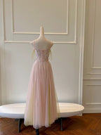 Sweet Pink A-Line Suspenders Sequined Tulle Long Formal Prom Dresses Bridesmaid Dresses