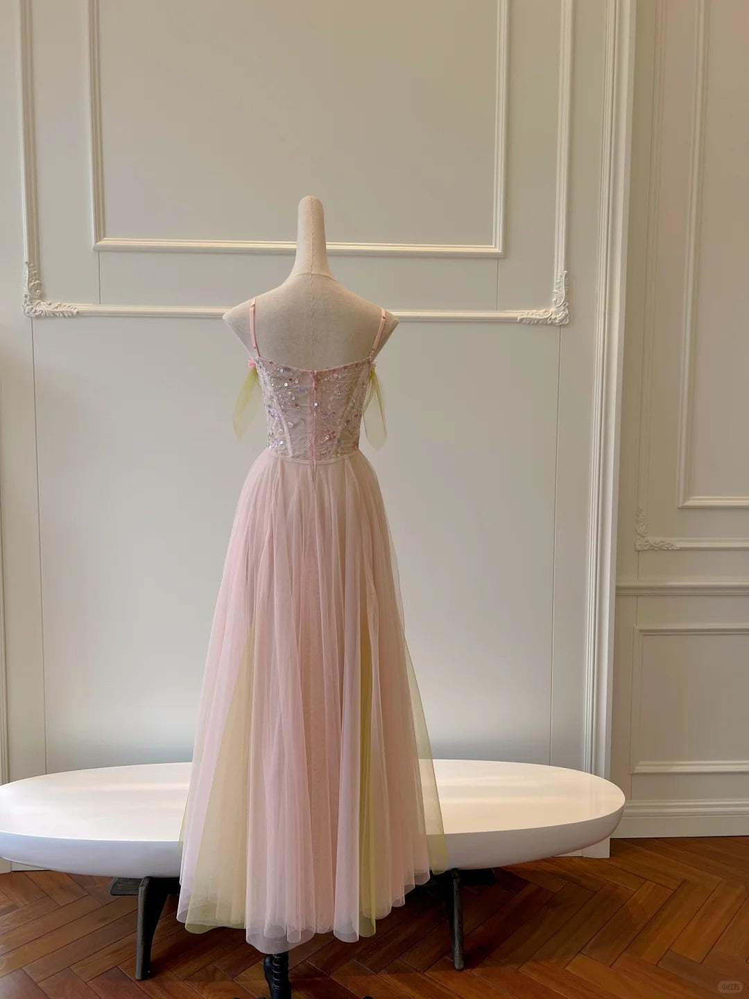 Sweet Pink A-Line Suspenders Sequined Tulle Long Formal Prom Dresses Bridesmaid Dresses