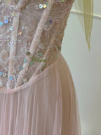 Sweet Pink A-Line Suspenders Sequined Tulle Long Formal Prom Dresses Bridesmaid Dresses