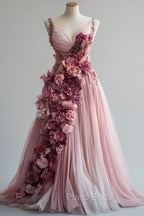 Sweet Pink A-Line Sweetheart Neck Tulle Long Formal Prom Dresses 3D Applique Wedding Dresses