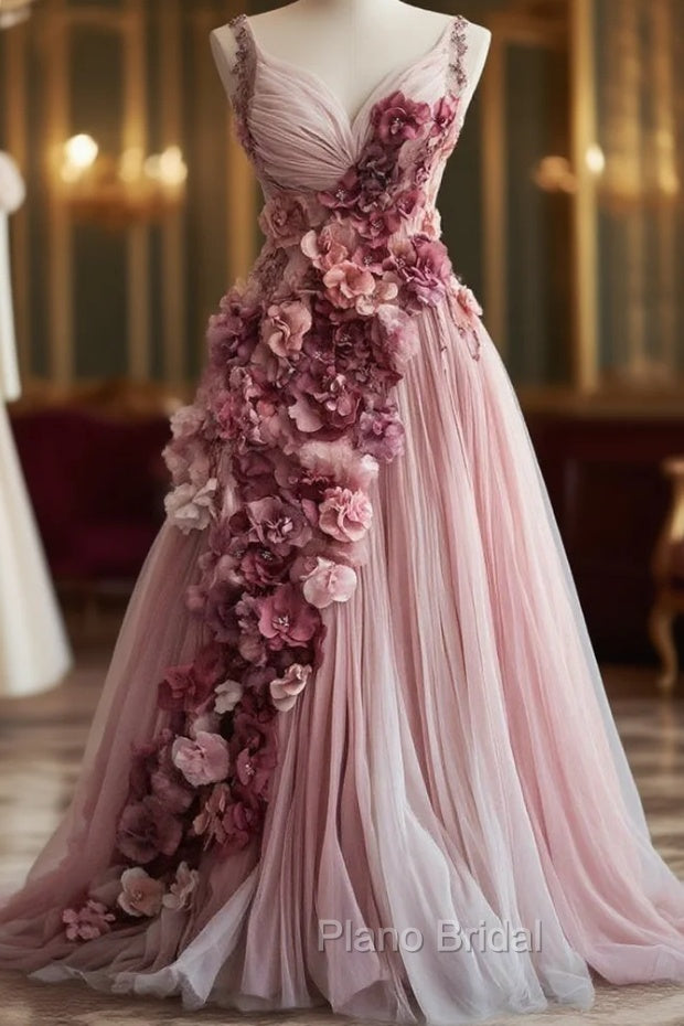 Sweet Pink A-Line Sweetheart Neck Tulle Long Formal Prom Dresses 3D Applique Wedding Dresses Main image