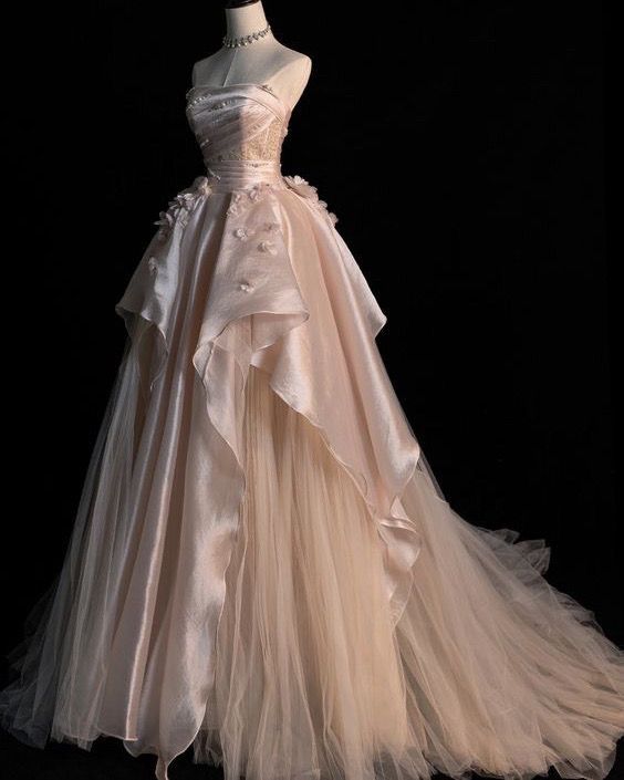 Sweet Pink A-Line Tulle Satin  Long Formal Prom Dresses Strapless Applique Wedding Dresses Secondary image