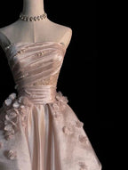 Sweet Pink A-Line Tulle Satin  Long Formal Prom Dresses Strapless Applique Wedding Dresses