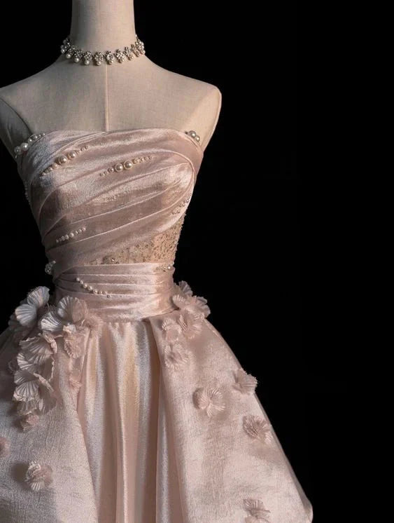 Sweet Pink A-Line Tulle Satin  Long Formal Prom Dresses Strapless Applique Wedding Dresses