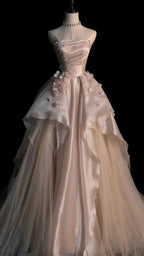 Sweet Pink A-Line Tulle Satin  Long Formal Prom Dresses Strapless Applique Wedding Dresses