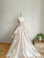 Sweet Pink A-Line Tulle Satin  Long Formal Prom Dresses Strapless Applique Wedding Dresses