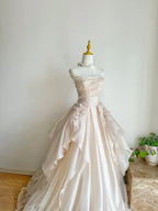 Sweet Pink A-Line Tulle Satin  Long Formal Prom Dresses Strapless Applique Wedding Dresses