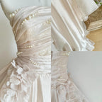 Sweet Pink A-Line Tulle Satin  Long Formal Prom Dresses Strapless Applique Wedding Dresses