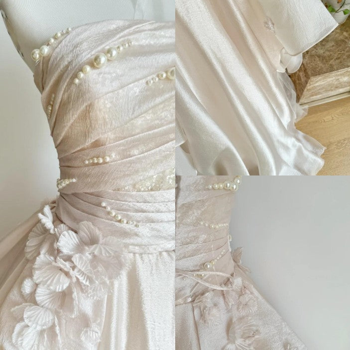 Sweet Pink A-Line Tulle Satin  Long Formal Prom Dresses Strapless Applique Wedding Dresses