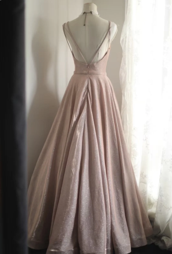 Sweet Pink A-Line V-Neck Sequined Long Formal Prom Dresses Bridesmaid Dresses