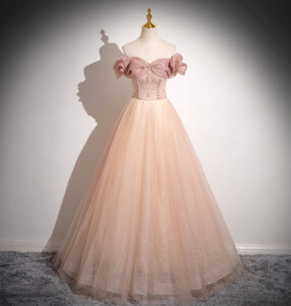 Sweet Pink Apricot One-Shoulder Tulle Long Ball Gown Prom Dresses Sweet 16 Dresses