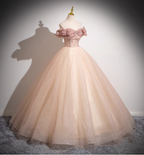 Sweet Pink Apricot One-Shoulder Tulle Long Ball Gown Prom Dresses Sweet 16 Dresses
