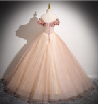 Sweet Pink Apricot One-Shoulder Tulle Long Ball Gown Prom Dresses Sweet 16 Dresses