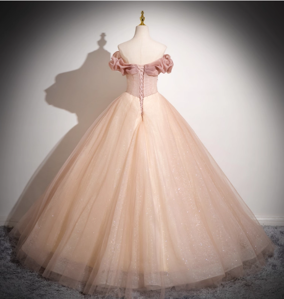 Sweet Pink Apricot One-Shoulder Tulle Long Ball Gown Prom Dresses Sweet 16 Dresses
