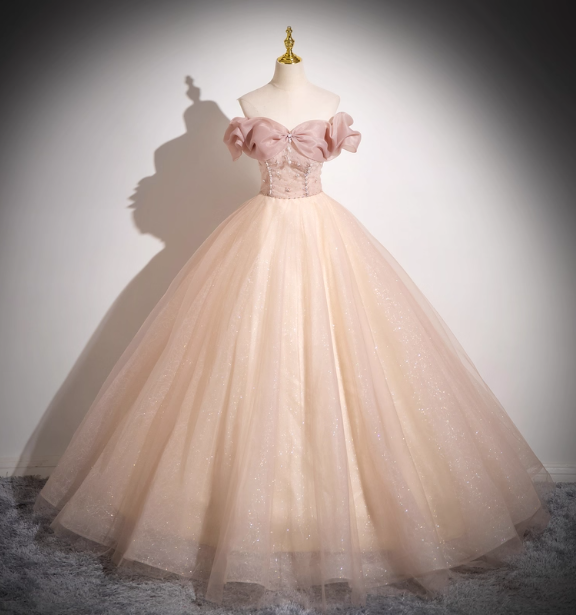 Sweet Pink Apricot One-Shoulder Tulle Long Ball Gown Prom Dresses Sweet 16 Dresses Main image