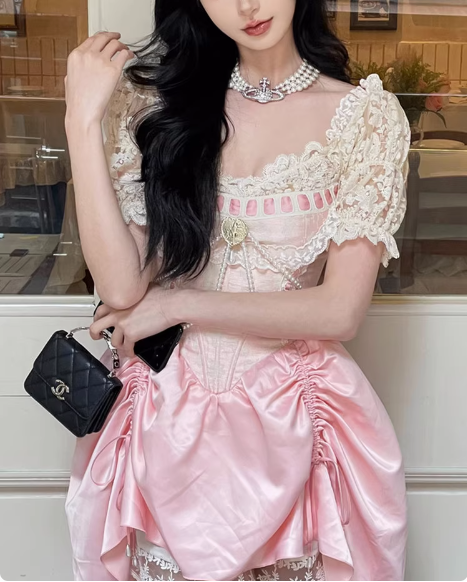 Sweet Pink Lace Short Sleeve Herringbone Short A-Line 17Th Birthday Homecoming Dresses