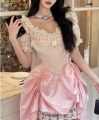 Sweet Pink Lace Short Sleeve Herringbone Short A-Line 17Th Birthday Homecoming Dresses