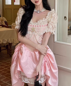 Sweet Pink Lace Short Sleeve Herringbone Short A-Line 17Th Birthday Homecoming Dresses