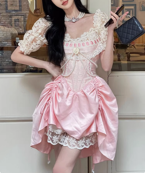 Sweet Pink Lace Short Sleeve Herringbone Short A-Line 17Th Birthday Homecoming Dresses Main image