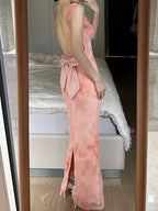 Sweet Pink Mermaid Backless Bow Print Chiffon Long Formal Prom Dresses