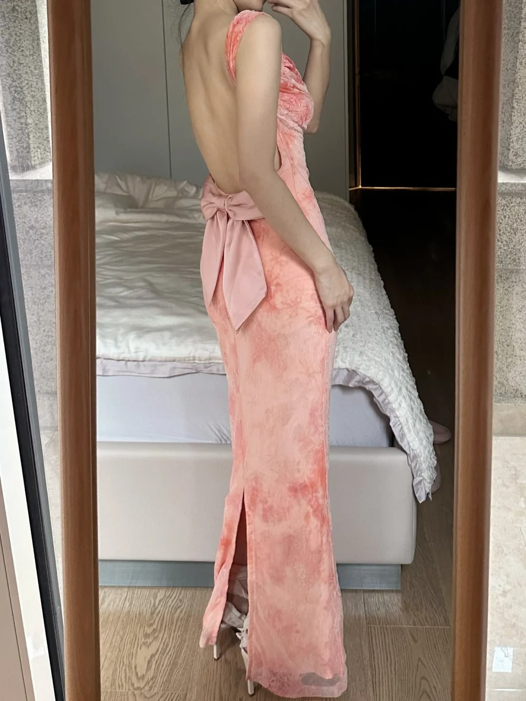 Sweet Pink Mermaid Backless Bow Print Chiffon Long Formal Prom Dresses