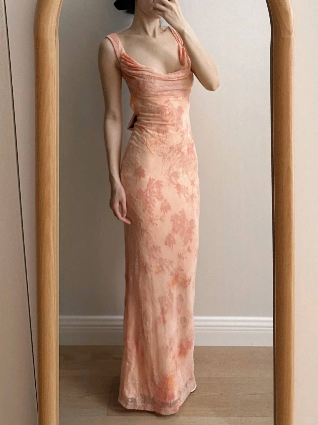 Sweet Pink Mermaid Backless Bow Print Chiffon Long Formal Prom Dresses Main image
