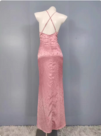 Sweet Pink Mermaid Cross-Ribbon Embroidered Satin Slit Long Formal Prom Dresses