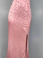 Sweet Pink Mermaid Cross-Ribbon Embroidered Satin Slit Long Formal Prom Dresses