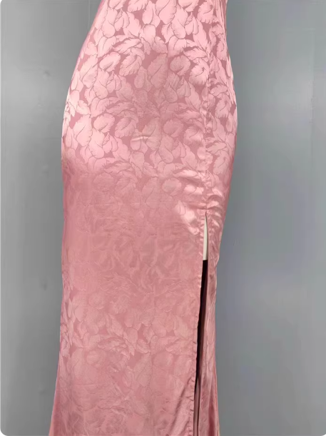Sweet Pink Mermaid Cross-Ribbon Embroidered Satin Slit Long Formal Prom Dresses