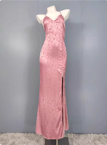Sweet Pink Mermaid Cross-Ribbon Embroidered Satin Slit Long Formal Prom Dresses Main image