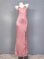 Sweet Pink Mermaid Cross-Ribbon Embroidered Satin Slit Long Formal Prom Dresses