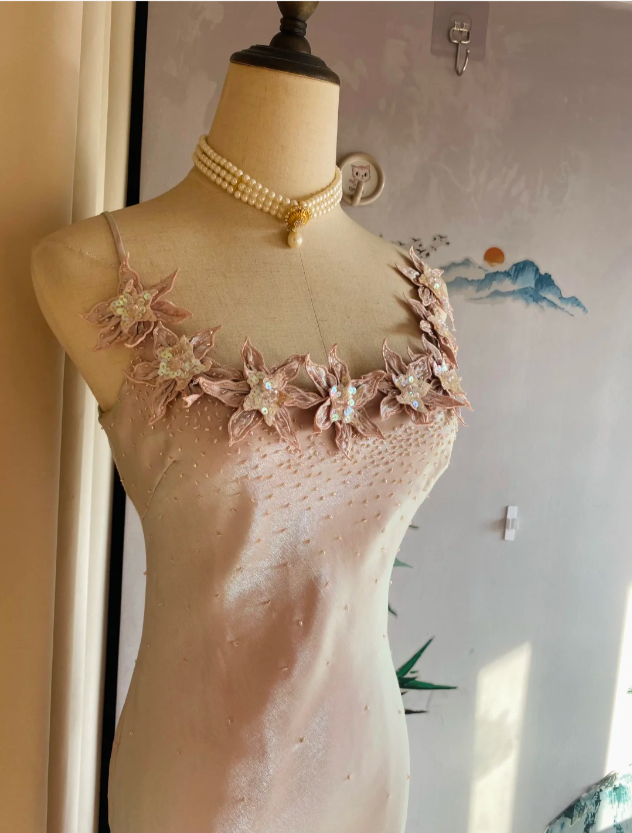 Sweet Pink Mermaid Halter 3D Floral Satin Formal Prom Dresses Bridesmaid Dresses