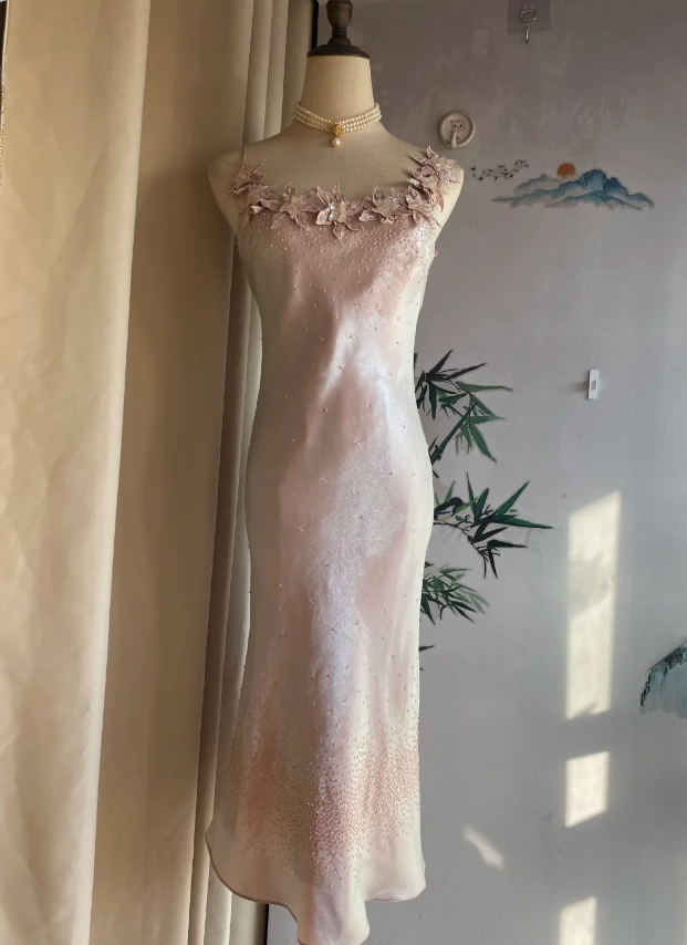 Sweet Pink Mermaid Halter 3D Floral Satin Formal Prom Dresses Bridesmaid Dresses