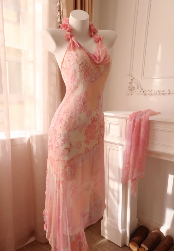 Sweet Pink Mermaid Halter Neck Beaded Chiffon Formal Prom Dresses