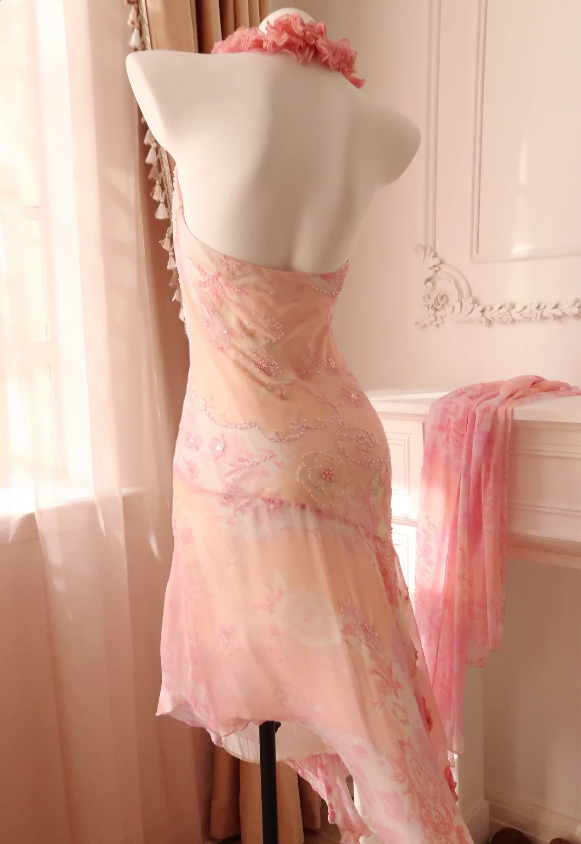 Sweet Pink Mermaid Halter Neck Beaded Chiffon Formal Prom Dresses