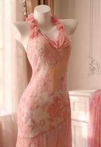 Sweet Pink Mermaid Halter Neck Beaded Chiffon Formal Prom Dresses