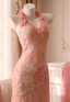 Sweet Pink Mermaid Halter Neck Beaded Chiffon Formal Prom Dresses