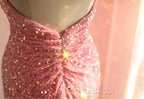 Sweet Pink Mermaid One Shoulder Sequined Pleated Long Formal Prom Dresses Backless Evening Dresses